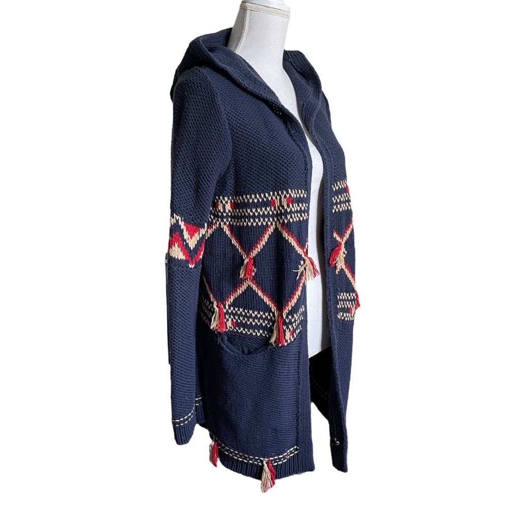 Lucky Brand Tribal Cardigan M Cotton Blend Tassel Aztec Southwestern Hooded Long